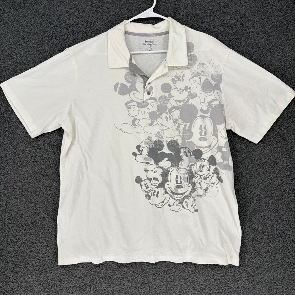 Disney Parks Mickey Mouse Collage Polo Shirt White Grey Mens XL Short Sleeve